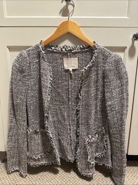 Rebecca Taylor Black & White Tweed Fringe-Trim Open Jacket